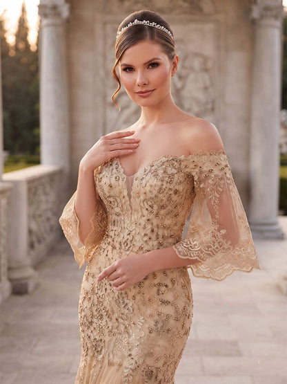 Robe de Soirée Coupe Sirène/Trompette, Épaules Dénudées, Manches 3/4, Longueur au Sol avec Broderies & Dentelle