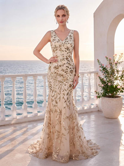 Robe de Soirée Coupe Sirène/Trompette à Col en V, Sans Manches, Longueur au Sol avec Paillettes