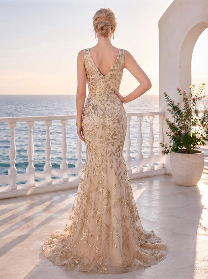 Robe de Soirée Coupe Sirène/Trompette à Col en V, Sans Manches, Longueur au Sol avec Paillettes