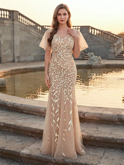 Robe de Soirée Coupe Sirène/Trompette à Col en V, Manches Courtes, Longueur au Sol avec Paillettes