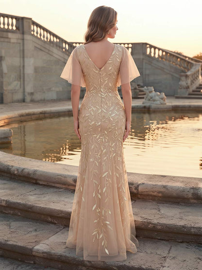Robe de Soirée Coupe Sirène/Trompette à Col en V, Manches Courtes, Longueur au Sol avec Paillettes