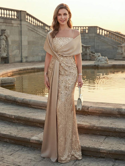 Robe de Mère de la Mariée Coupe Fourreau/Gaine à Bretelles Spaghetti, Sans Manches, Longueur au Sol avec Paillettes & Appliques