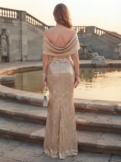 Robe de Mère de la Mariée Coupe Fourreau/Gaine à Bretelles Spaghetti, Sans Manches, Longueur au Sol avec Paillettes & Appliques