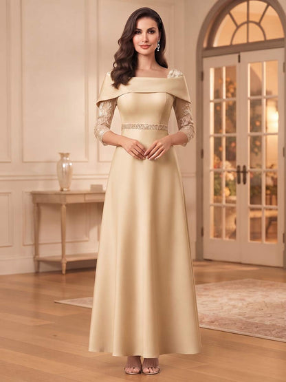 Robe de Mère de la Mariée Coupe A-Line/Princesse à Col Carré, Manches 3/4, Longueur au Sol avec Appliques & Dentelle