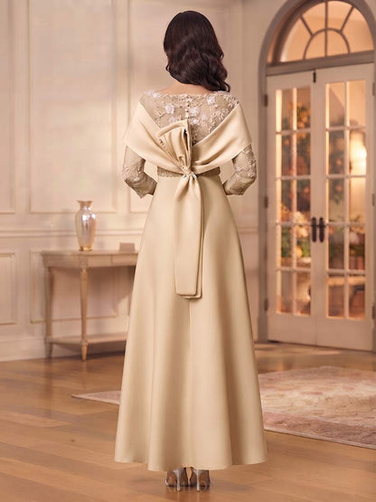 Robe de Mère de la Mariée Coupe A-Line/Princesse à Col Carré, Manches 3/4, Longueur au Sol avec Appliques & Dentelle