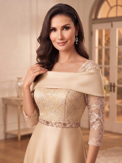 Robe de Mère de la Mariée Coupe A-Line/Princesse à Col Carré, Manches 3/4, Longueur au Sol avec Appliques & Dentelle