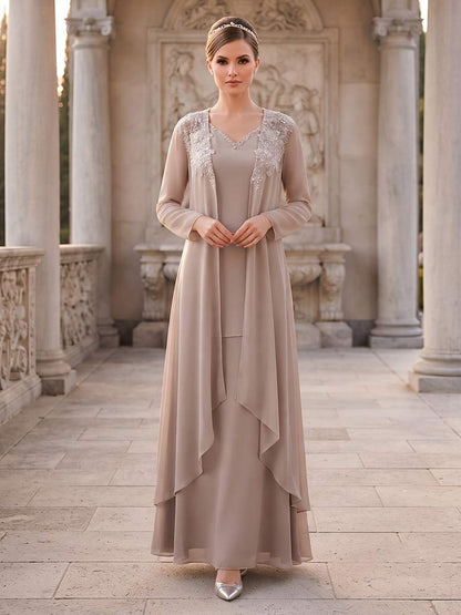 Ensemble 2 Pièces de Mère de la Mariée Coupe A-Line/Princesse à Col en V, Manches Longues, Longueur au Sol avec Volants & Appliques