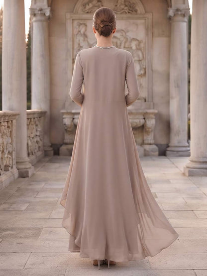 Ensemble 2 Pièces de Mère de la Mariée Coupe A-Line/Princesse à Col en V, Manches Longues, Longueur au Sol avec Volants & Appliques
