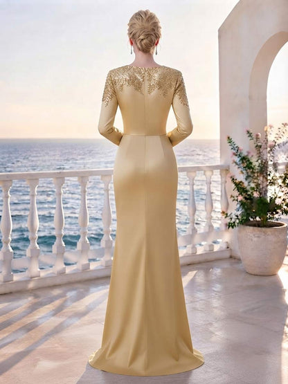 Robe de Mère de la Mariée Coupe Fourreau/Gaine à Col Rond, Manches Longues, Longueur au Sol avec Vol