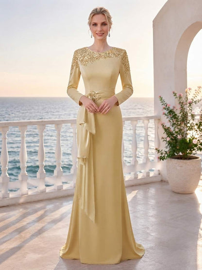 Robe de Mère de la Mariée Coupe Fourreau/Gaine à Col Rond, Manches Longues, Longueur au Sol avec Vol
