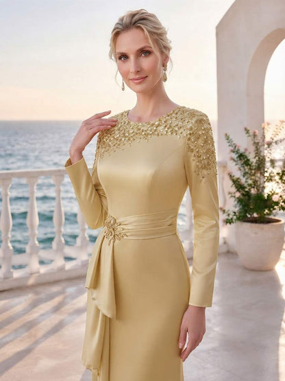 Robe de Mère de la Mariée Coupe Fourreau/Gaine à Col Rond, Manches Longues, Longueur au Sol avec Vol
