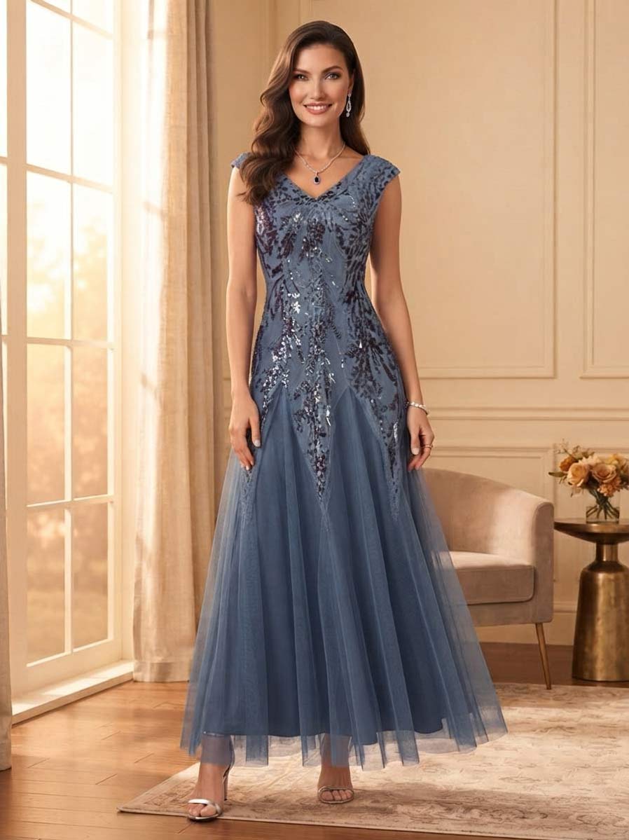 Robe de mère de la mariée longue, coupe trapèze/princesse, col en V, mancherons, avec paillettes et dentelle