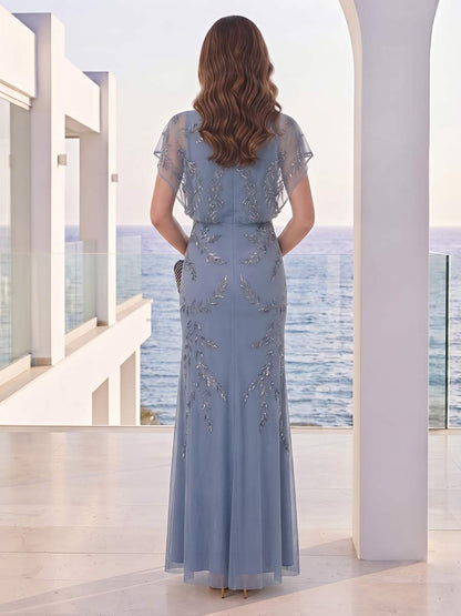 Robe de mère de la mariée longue, coupe fourreau, encolure ronde, manches courtes, avec sequins