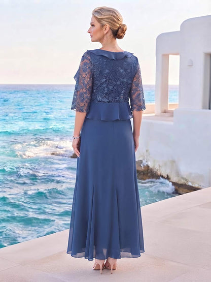 Robe de mère de la mariée longueur cheville, coupe trapèze/princesse, encolure ronde, manches mi-longues, avec dentelle et motifs appliqués