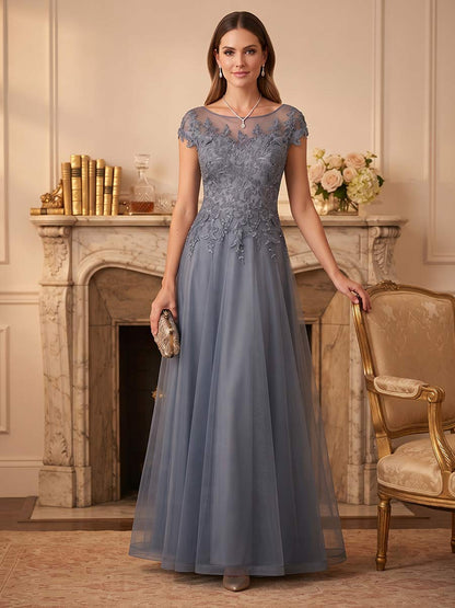 Robe de mère de la mariée coupe trapèze/princesse, encolure arrondie, mancherons, longueur au sol, avec poches et appliques