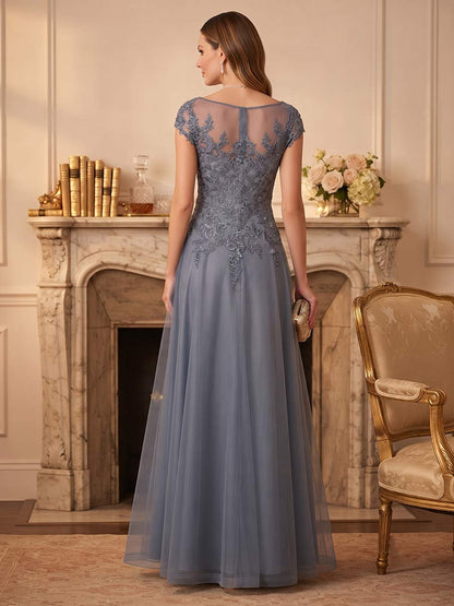 Robe de mère de la mariée coupe trapèze/princesse, encolure arrondie, mancherons, longueur au sol, avec poches et appliques