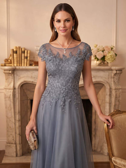 Robe de mère de la mariée coupe trapèze/princesse, encolure arrondie, mancherons, longueur au sol, avec poches et appliques