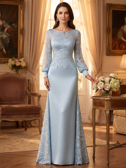 Robe de mère de la mariée coupe trapèze/princesse, manches longues, encolure arrondie, longueur au sol, avec sequins et appliques