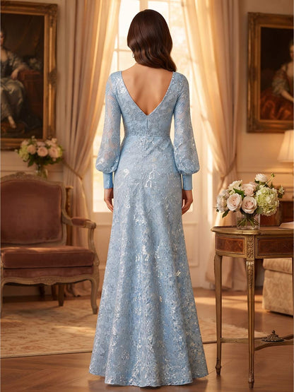 Robe de mère de la mariée coupe trapèze/princesse, manches longues, encolure arrondie, longueur au sol, avec sequins et appliques
