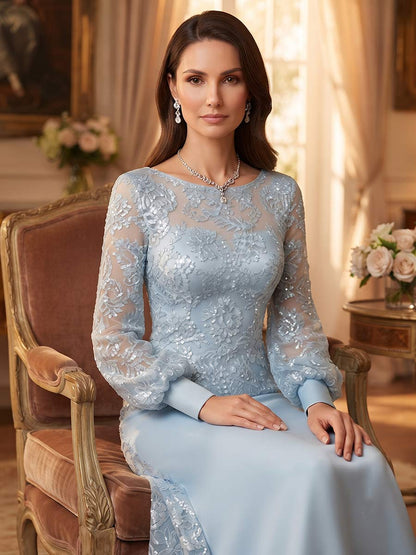Robe de mère de la mariée coupe trapèze/princesse, manches longues, encolure arrondie, longueur au sol, avec sequins et appliques