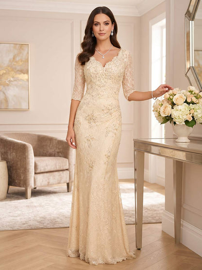 Robe de mère de la mariée coupe sirène/trompette, col en V, manches mi-longues, longueur au sol, avec dentelle et applications