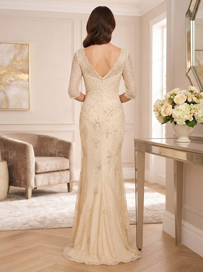 Robe de mère de la mariée coupe sirène/trompette, col en V, manches mi-longues, longueur au sol, avec dentelle et applications