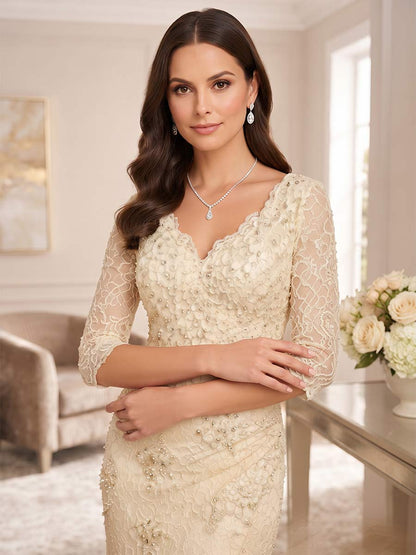 Robe de mère de la mariée coupe sirène/trompette, col en V, manches mi-longues, longueur au sol, avec dentelle et applications