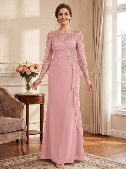 Robe de mère de la mariée coupe sirène/trompette, encolure arrondie, manches 3/4, longueur au sol, avec dentelle et sequins