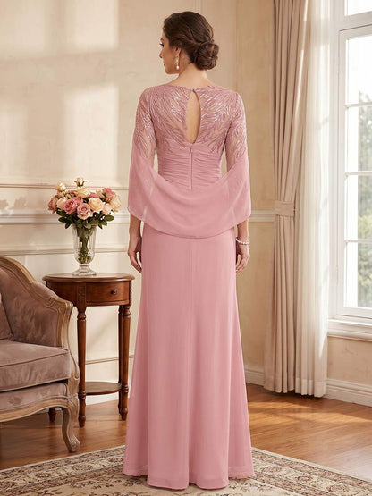 Robe de mère de la mariée coupe sirène/trompette, encolure arrondie, manches 3/4, longueur au sol, avec dentelle et sequins