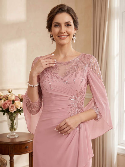 Robe de mère de la mariée coupe sirène/trompette, encolure arrondie, manches 3/4, longueur au sol, avec dentelle et sequins