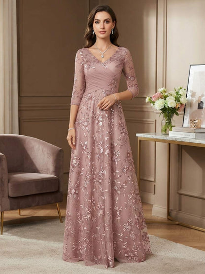 Robe de mère de la mariée coupe trapèze/princesse, col en V, manches 3/4, longueur au sol, avec dentelle et broderies