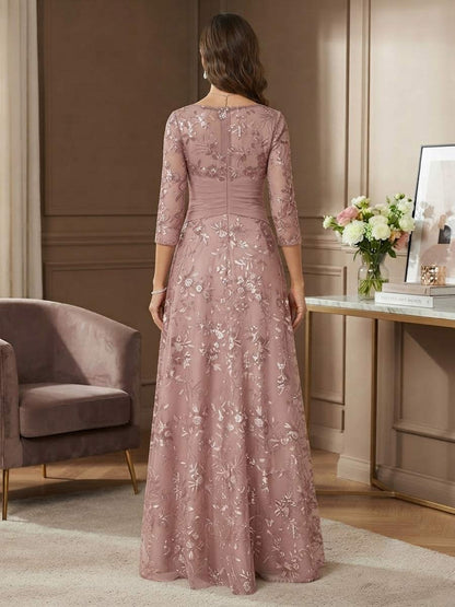 Robe de mère de la mariée coupe trapèze/princesse, col en V, manches 3/4, longueur au sol, avec dentelle et broderies
