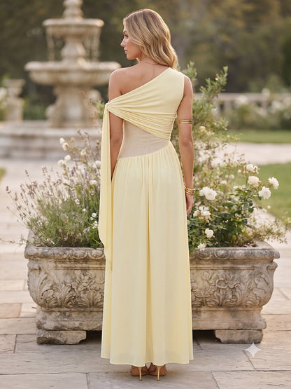 Robe de demoiselle d'honneur longue, coupe trapèze/princesse, asymétrique (une épaule), sans manches, avec nœud décoratif