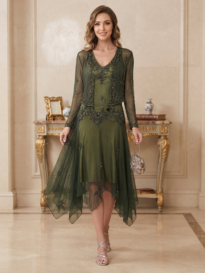 Robe pour mère de la mariée longueur midi, coupe trapèze/princesse, col en V, manches courtes, en mousseline, avec perles