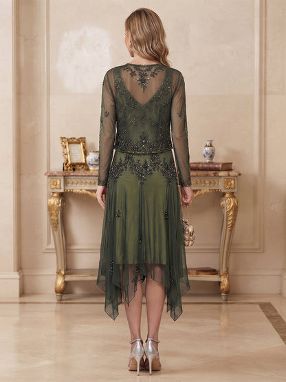 Robe pour mère de la mariée longueur midi, coupe trapèze/princesse, col en V, manches courtes, en mousseline, avec perles