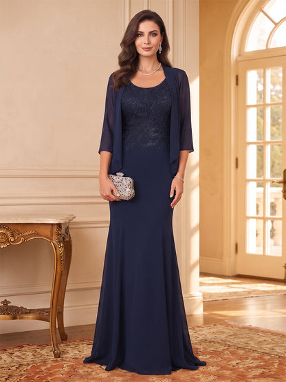Robe pour mère de la mariée longue, coupe fourreau/droite, encolure arrondie, manches 3/4, en mousseline, avec motif appliqué