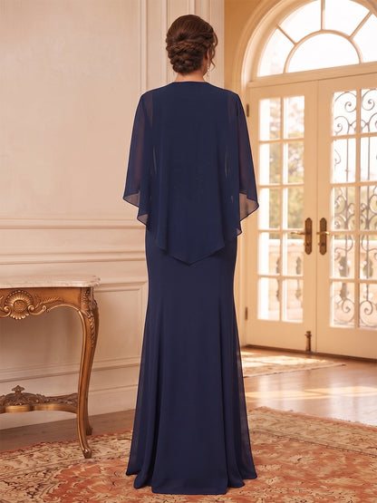 Robe pour mère de la mariée longue, coupe fourreau/droite, encolure arrondie, manches 3/4, en mousseline, avec motif appliqué