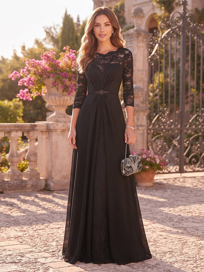 Robe pour mère de la mariée longue, coupe trapèze/princesse, encolure arrondie, manches longues, en mousseline, avec motif appliqué et ceinture