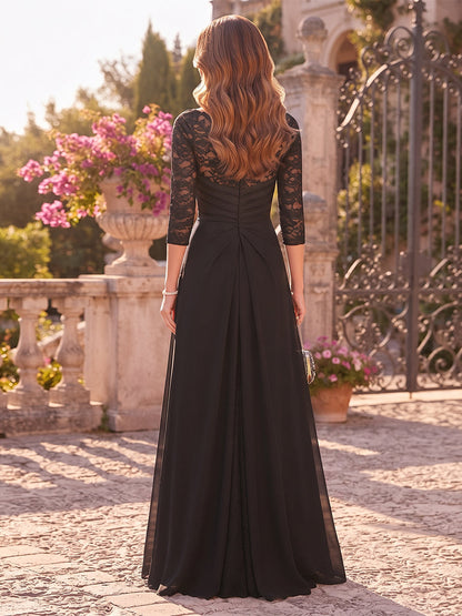 Robe pour mère de la mariée longue, coupe trapèze/princesse, encolure arrondie, manches longues, en mousseline, avec motif appliqué et ceinture
