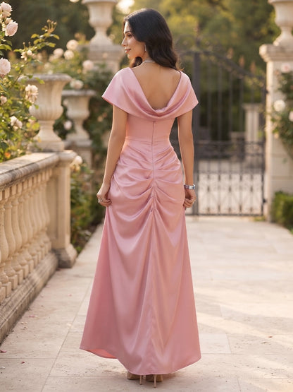Robe de demoiselle d'honneur longue, coupe trapèze/princesse, encolure arrondie, manches courtes, en satin, avec fleur en relief (3D)