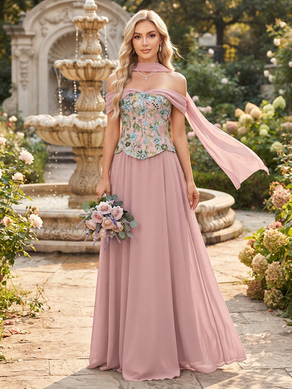 Robe de demoiselle d'honneur longue, coupe trapèze/princesse, épaules dénudées, sans manches, en mousseline, avec motif appliqué
