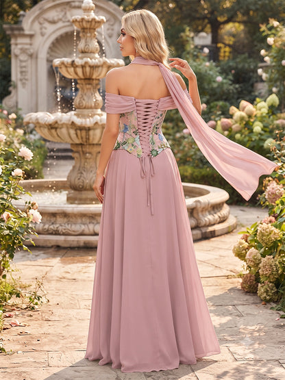 Robe de demoiselle d'honneur longue, coupe trapèze/princesse, épaules dénudées, sans manches, en mousseline, avec motif appliqué