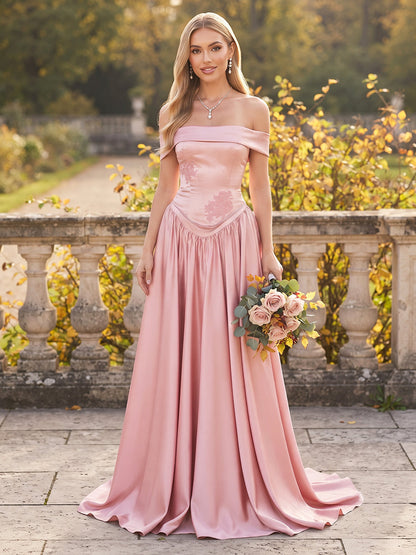 Robe de demoiselle d'honneur longue, coupe trapèze/princesse, épaules dénudées, sans manches, en satin, avec broderie