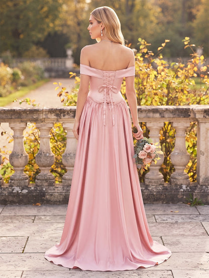 Robe de demoiselle d'honneur longue, coupe trapèze/princesse, épaules dénudées, sans manches, en satin, avec broderie