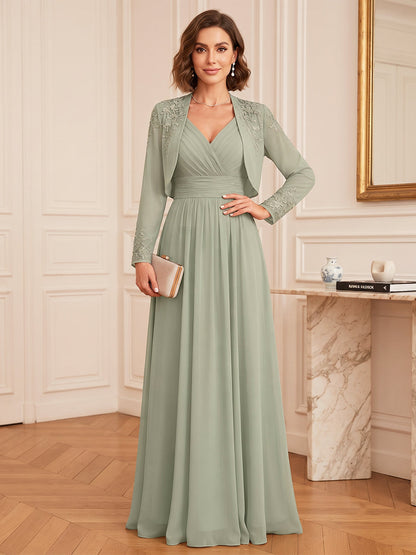 Robe pour mère de la mariée longue, coupe trapèze/princesse, col en V, manches longues, en mousseline, avec dentelle