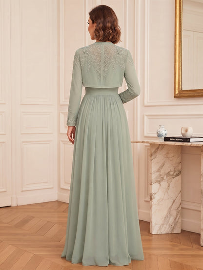 Robe pour mère de la mariée longue, coupe trapèze/princesse, col en V, manches longues, en mousseline, avec dentelle