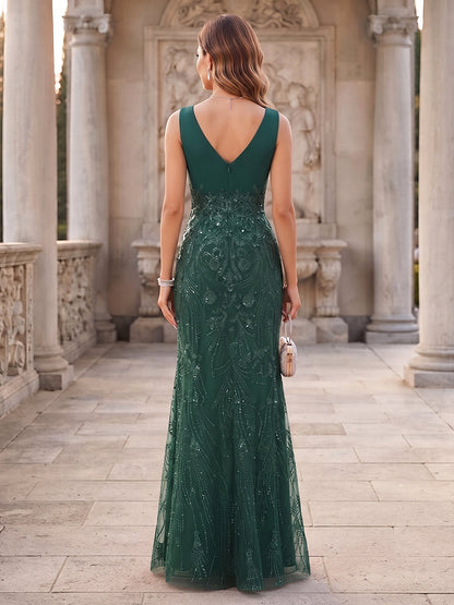 Robe de mère de la mariée trapèze/princesse, col en V, sans manches, en tulle, longueur au sol, avec sequins et applications