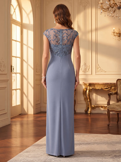 Robes de mère de la mariée en mousseline, coupe fourreau/droite, col en V, manches courtes, longueur cheville, avec applications et fente latérale