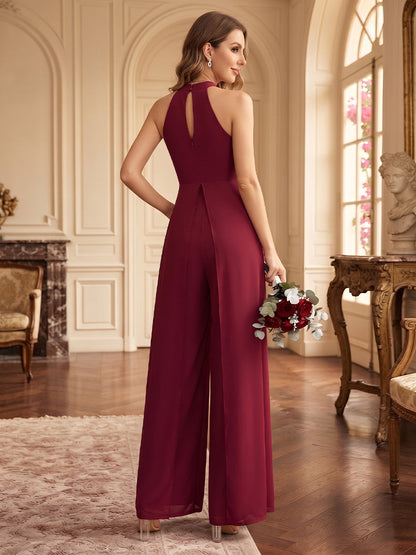 Combinaison de demoiselle d'honneur longue en satin extensible, dos nu (encolure américaine) et ceinture
