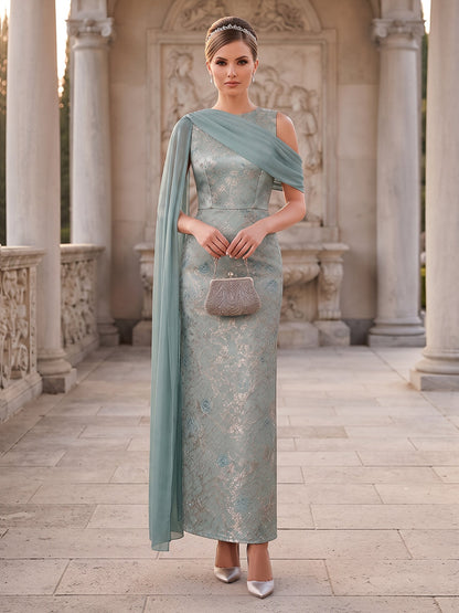 Robe fourreau pour mère de la mariée en jacquard, encolure arrondie, sans manches, longueur aux chevilles, motif floral et étole